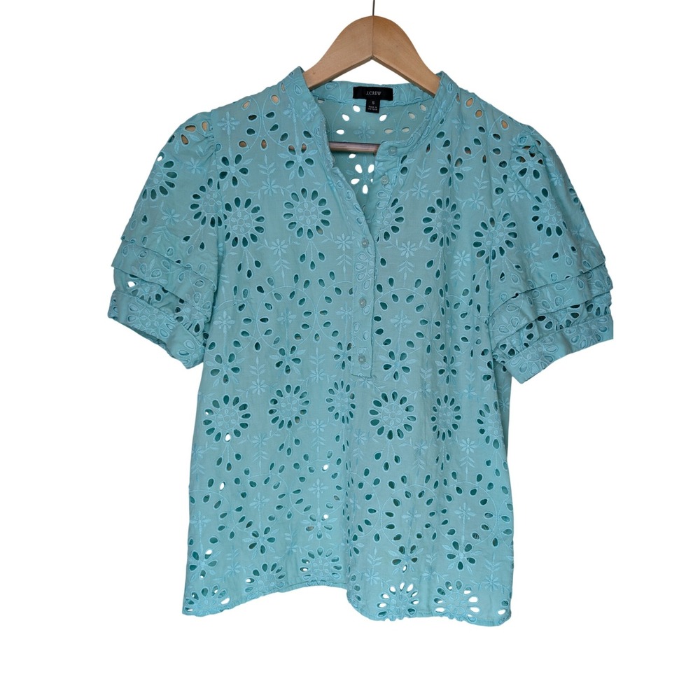 J Crew Floral Eyelet Ruffle Sleeve Popover Top Womens Small Aqua Blue AW539 - Picture 3 of 9